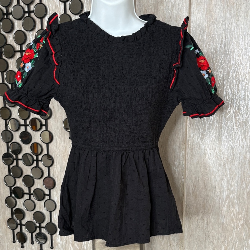 Savanna Jane Black Top with Red Floral Embroidery
